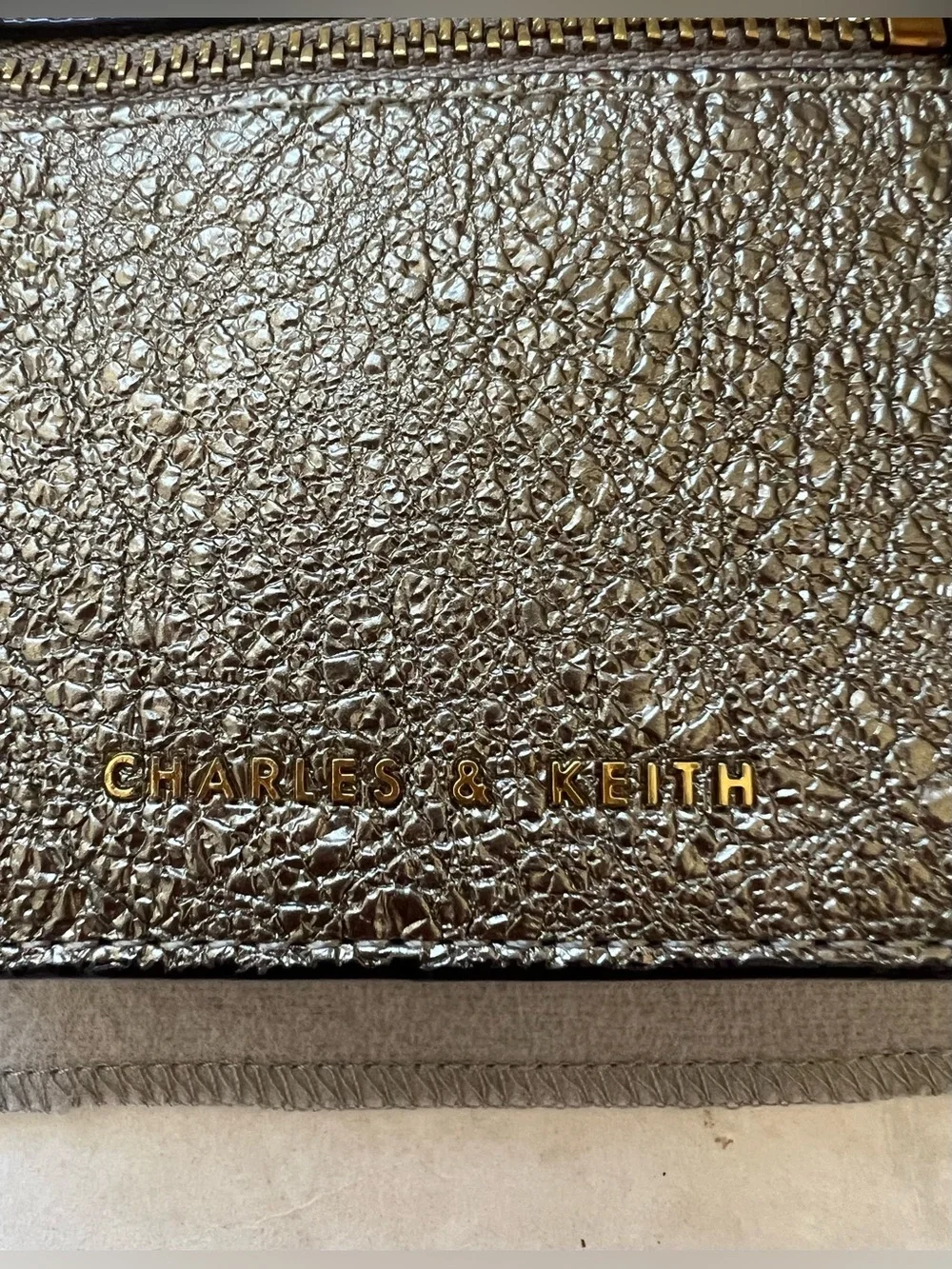 New Charles & Keith Small Crinkled Metallic Silver Wallet or Mini Bag Gold Accen